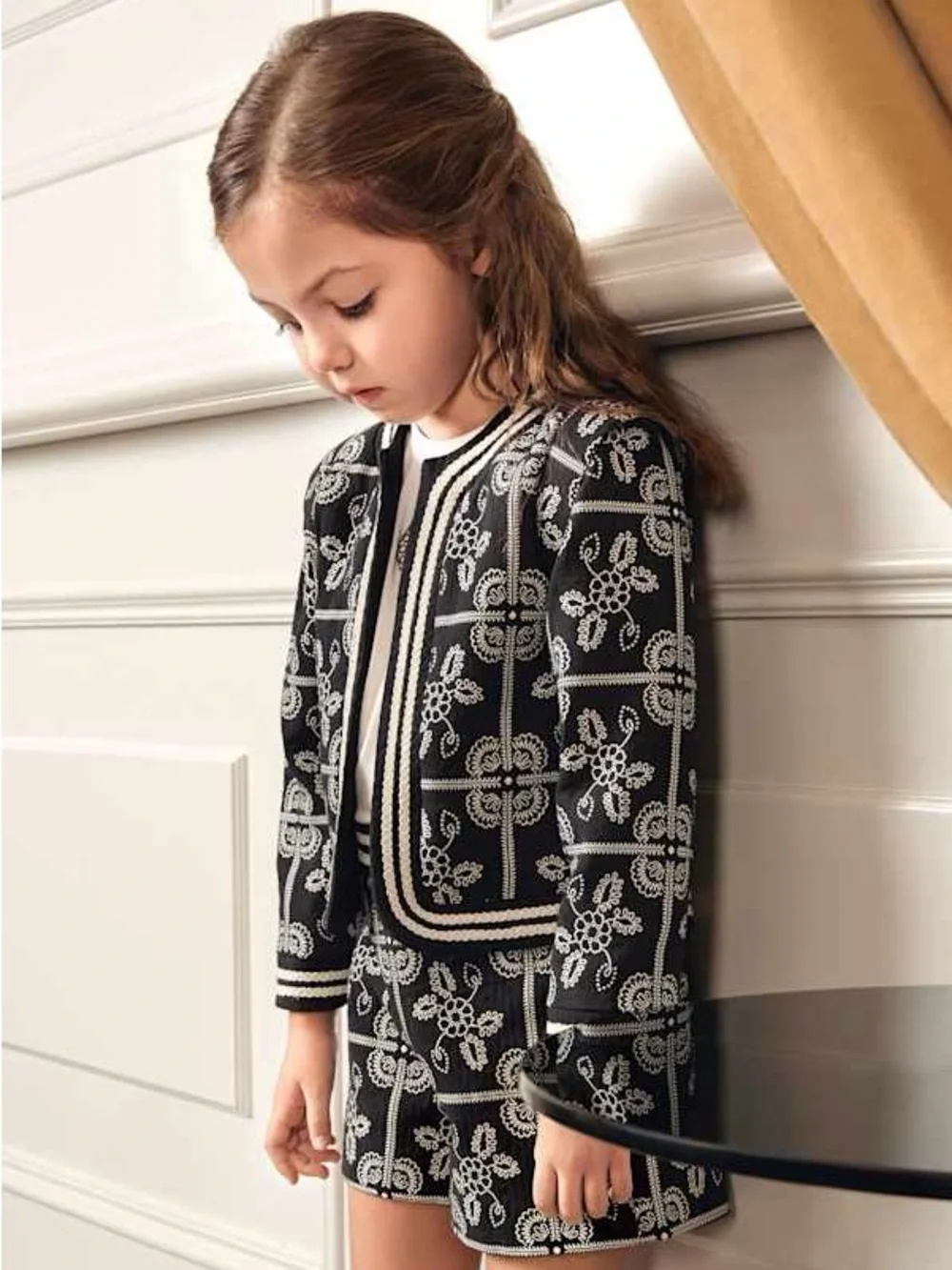 Girls Black & White Embroidered Knit Two-Piece Set